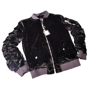 WEIAV L.A. NWT Black Velour Bomber Style Ruched Zip Jacket Silver Zippers SMALL